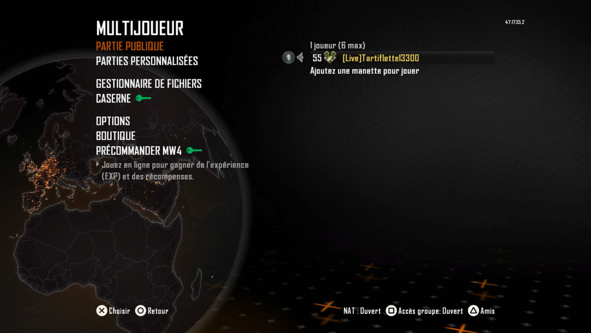 Menu multijoueur Black Ops 2 avec un compte niveau 55